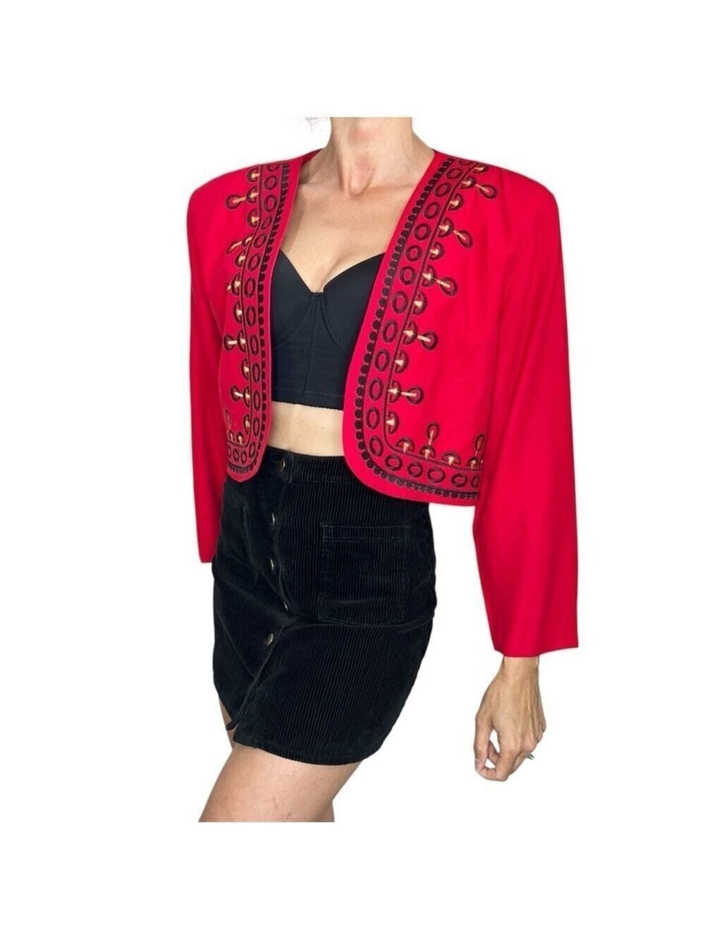 Vintage 80s Canadian made red black embroidered open cropped jacket blazer 14